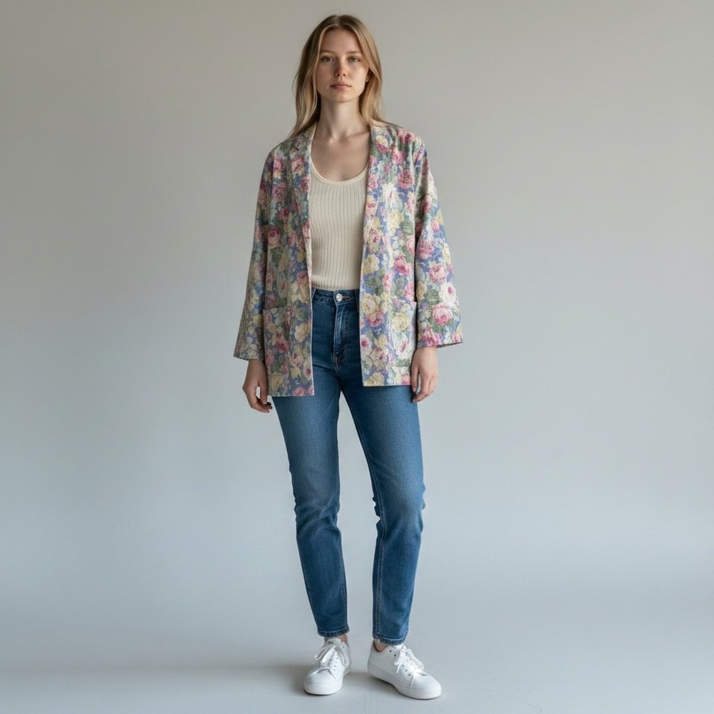 Vintage‎ Floral Jacket Blazer M Oversized Open Front Lightweight Cottage Granny